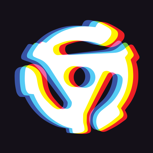 Colorful red, yellow, blue, and cyan chromatic 45 RPM vinyl record adaptor (dink) design on a black background