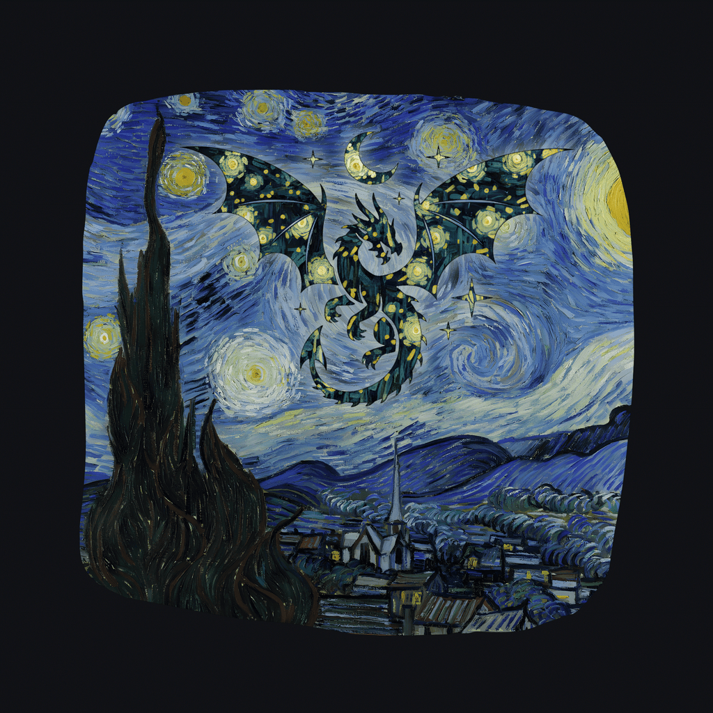 Starry night sky with a dragon and village below