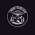Circular design with a UFO, mountains, and a tent under 'I Want to Believe' text on a black background.