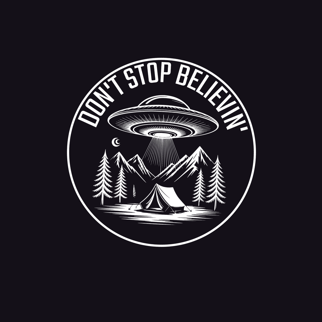 Circular design with UFO, mountains, and trees with 'Don't Stop Believin'' text on a black background.