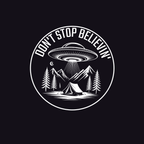 Circular design with UFO, mountains, and trees with 'Don't Stop Believin'' text on a black background.