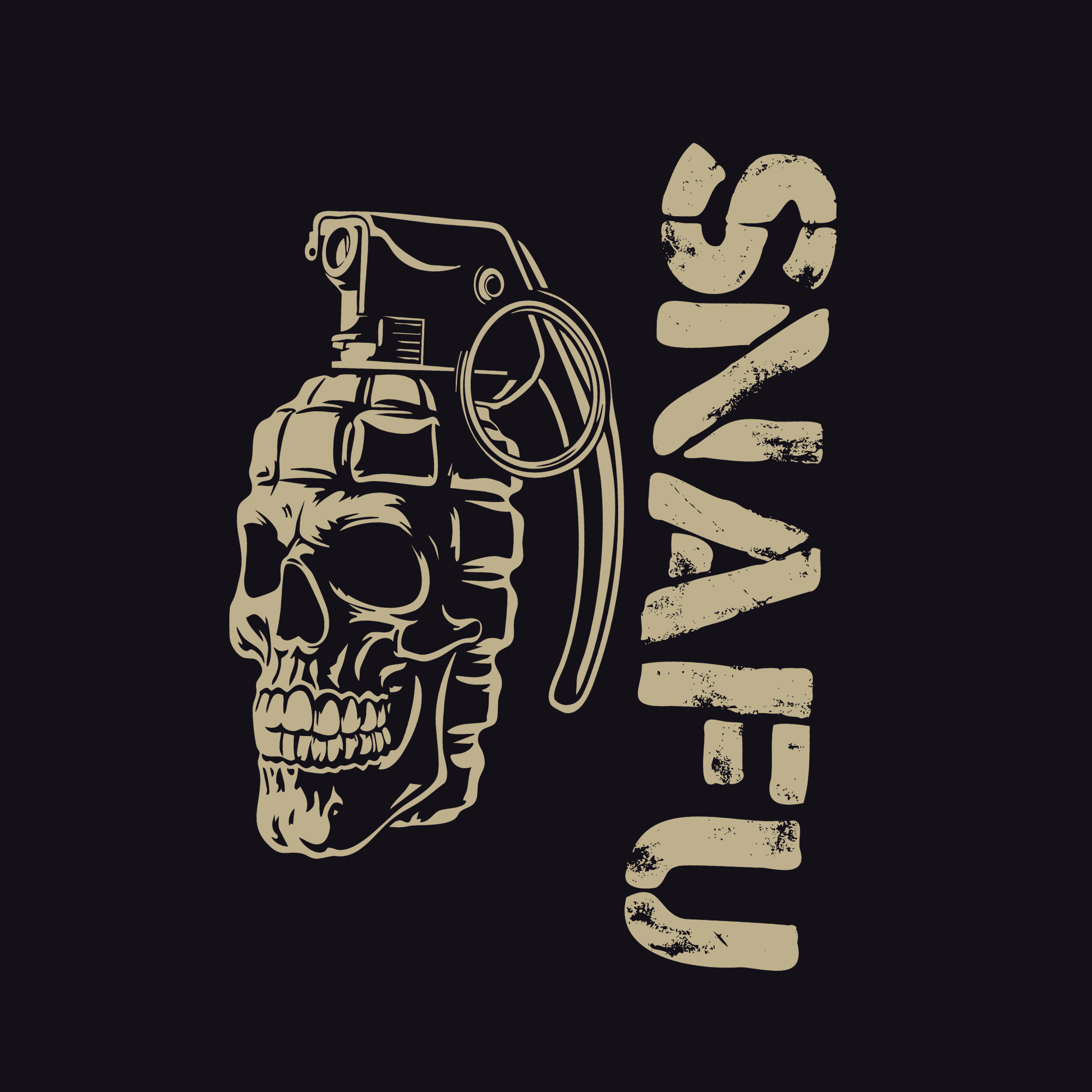 Grenade with skull design and 'SNAFU' text on a black background