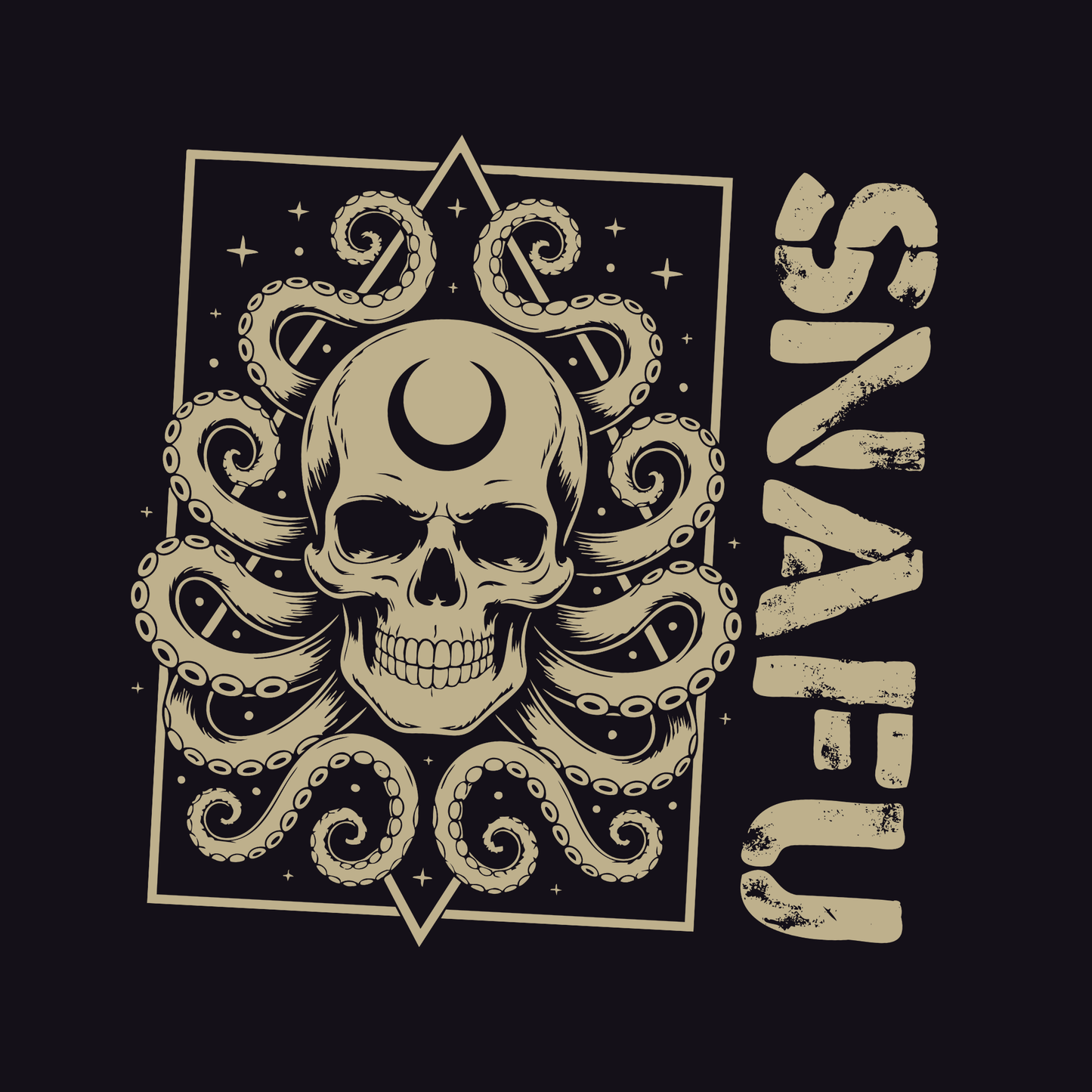 Skull with octopus tentacles design on a black background with 'SNFU' text.