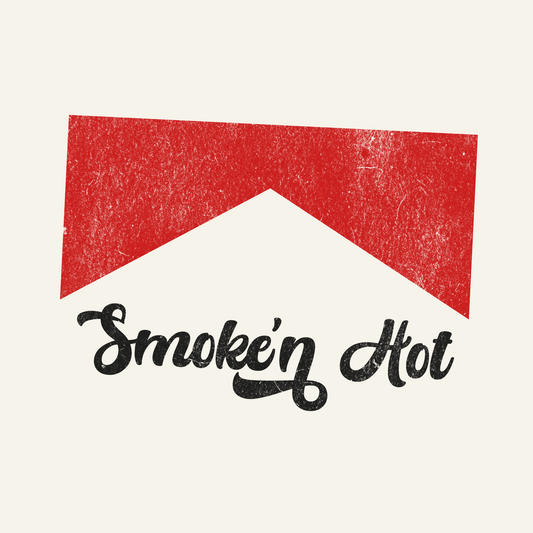 Logo with 'Smoke'n Hot' text on a red and white background