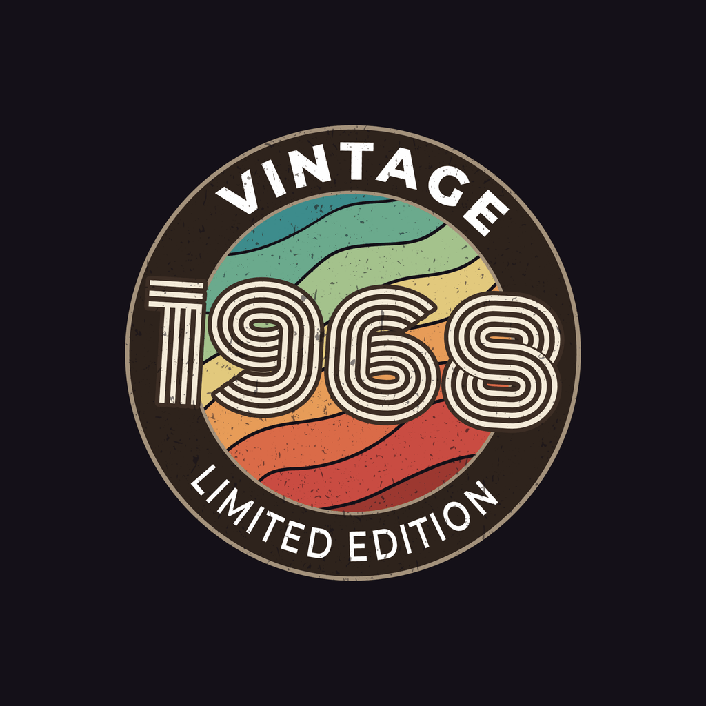 Vintage 1960s limited edition logo with colorful design on a black background