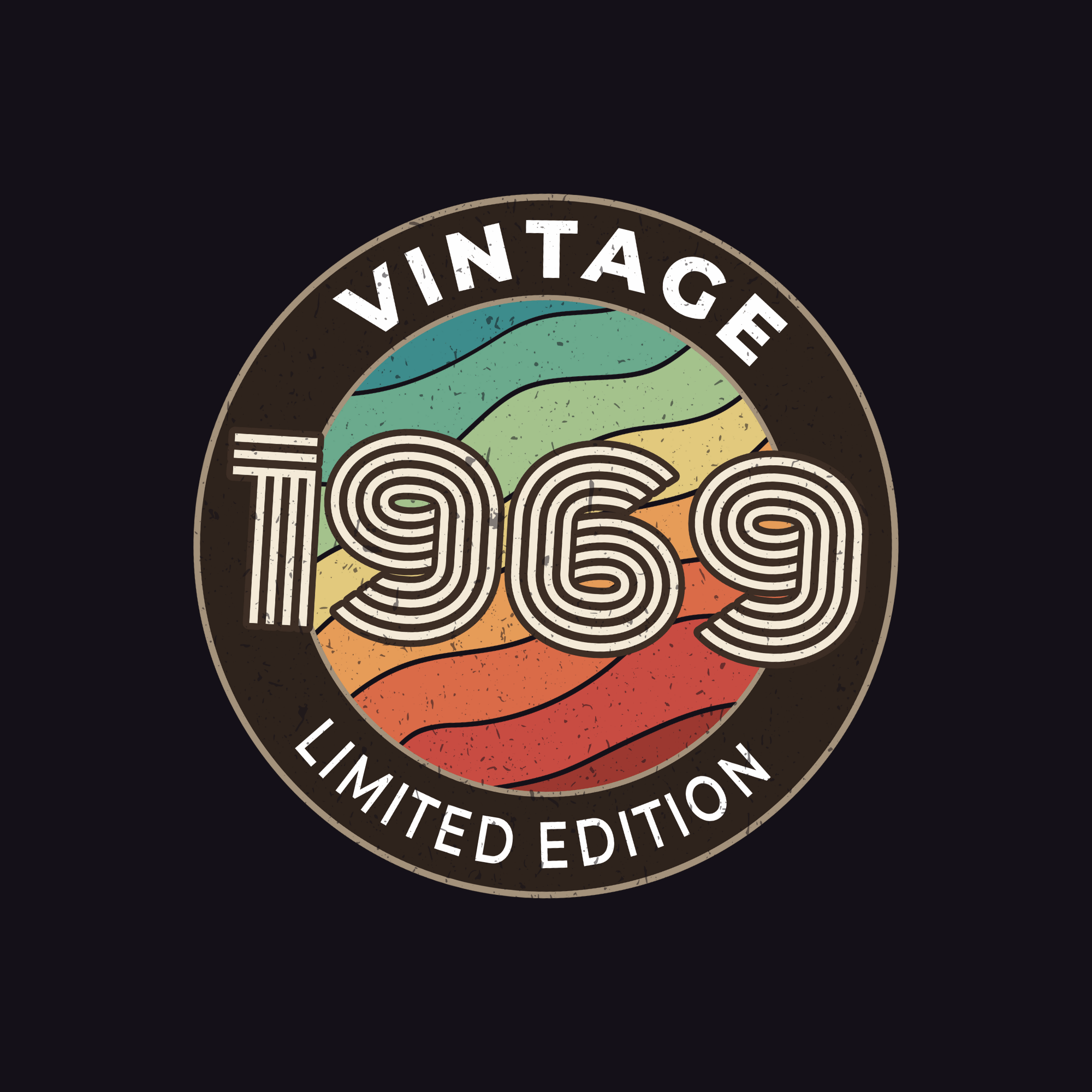 Vintage 1969 limited edition logo with colorful design on a black background