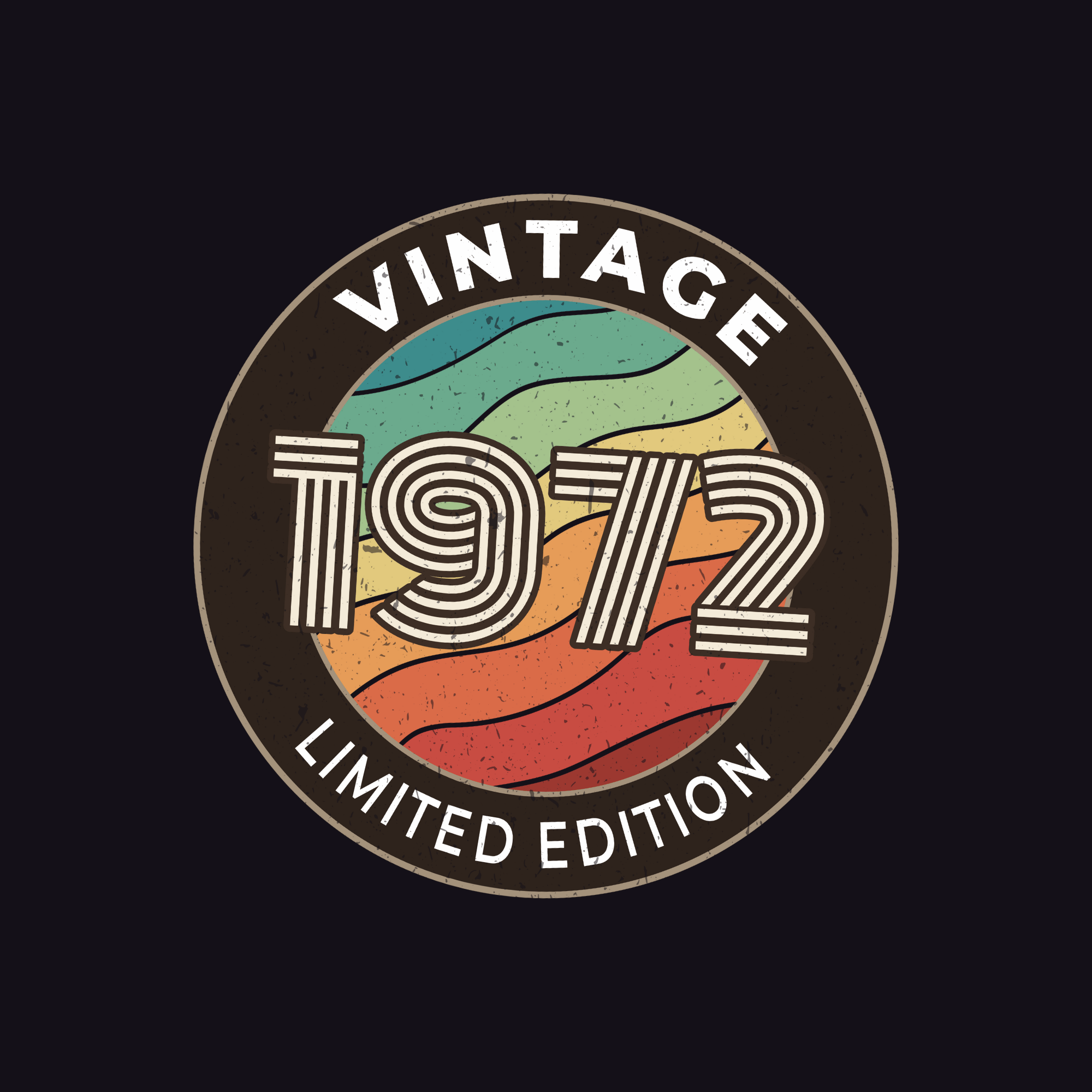 Vintage 1972 limited edition logo with colorful design on a black background