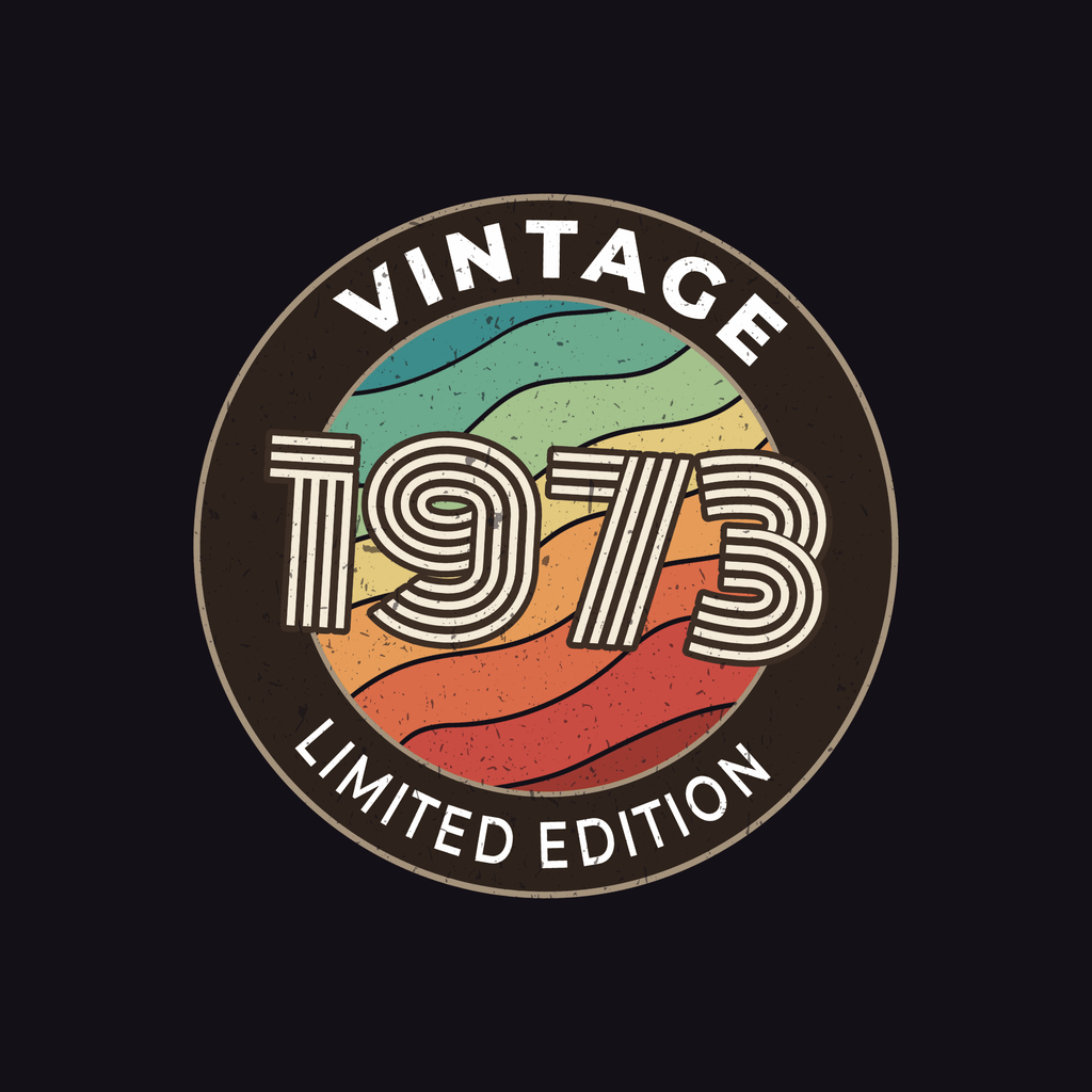 Vintage 1973 limited edition logo with colorful design on a black background