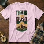 Pink t-shirt with "Treeline or Bust" text and mountain graphic.