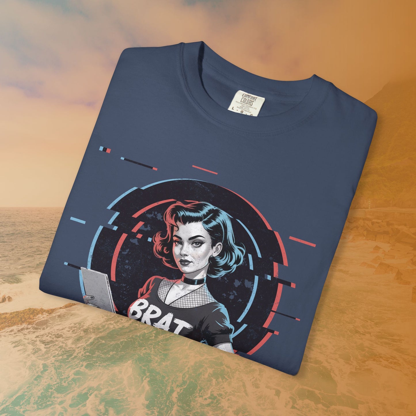 Cyberpunk BRAT Glitch Art Pinup Girl T-Shirt | Retro Pin Up Sassy Slogan Dark Goth