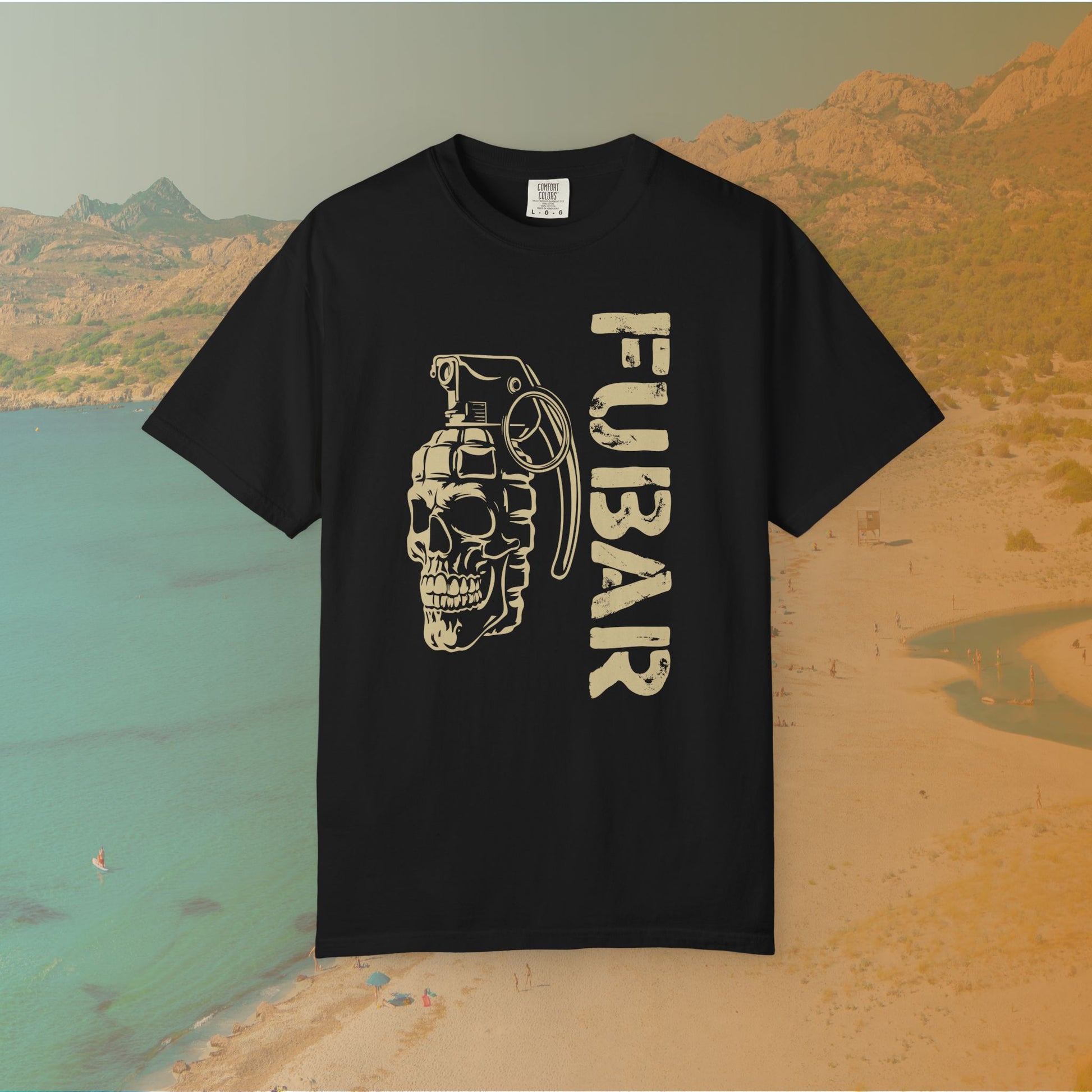 black Graphic T-shirt featuring a stylized image of a skull merged with a hand grenade, positioned next to the large, distressed stencil text "FUBAR."