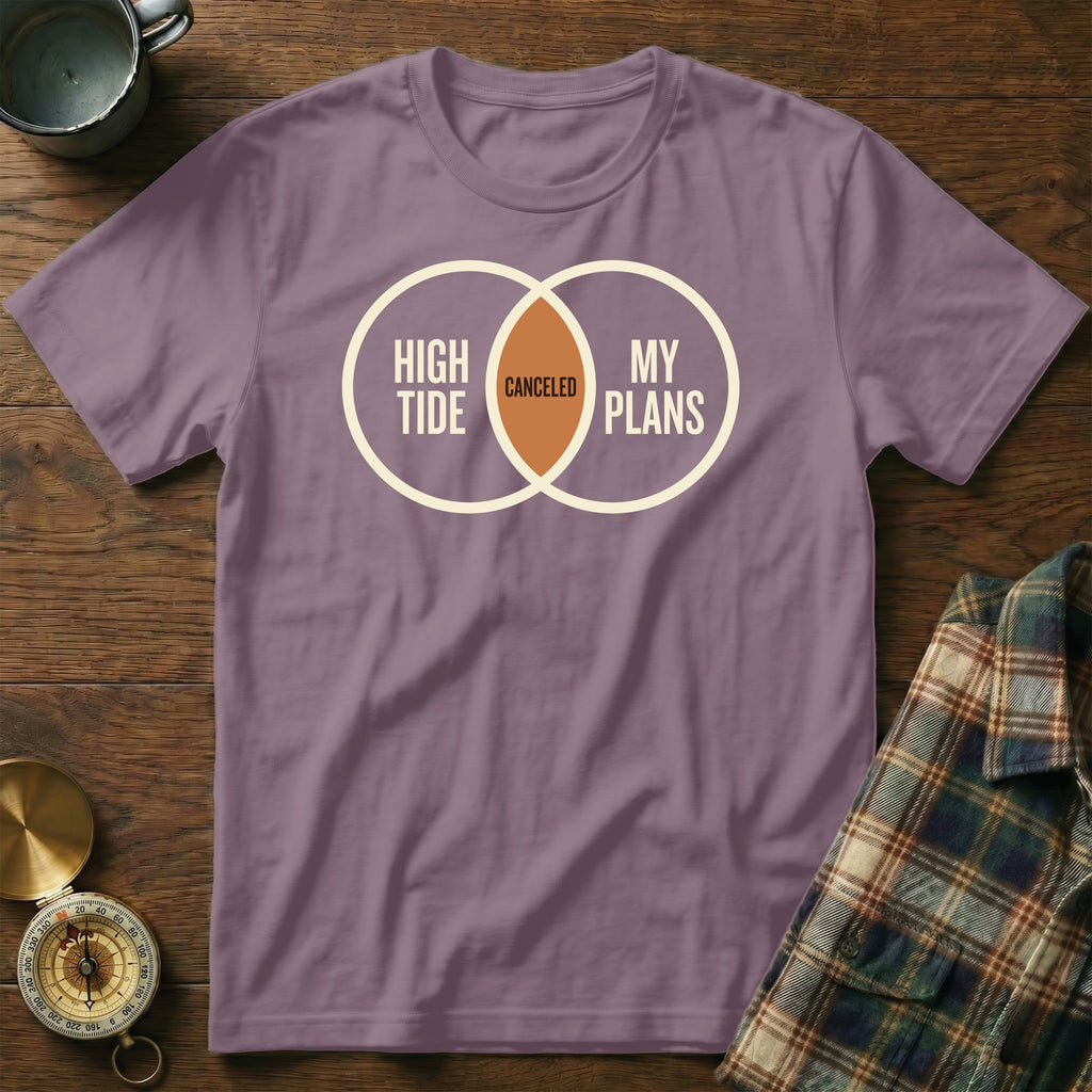 Purple t-shirt with venn diagram graphic "High Tide Canceled My Plans".