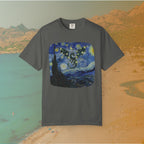 grey t-shirt Van Gogh Starry Night-inspired painting with a dragon silhouette made of stars flying across a swirling night sky for dragoncore theme