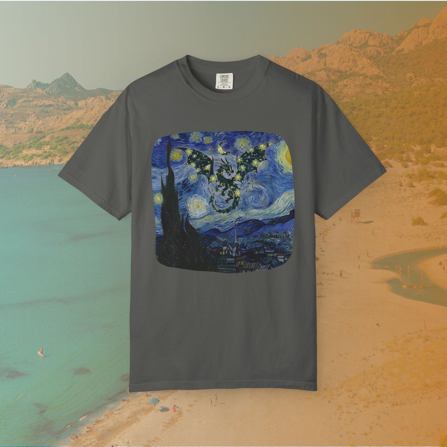 grey t-shirt Van Gogh Starry Night-inspired painting with a dragon silhouette made of stars flying across a swirling night sky for dragoncore theme