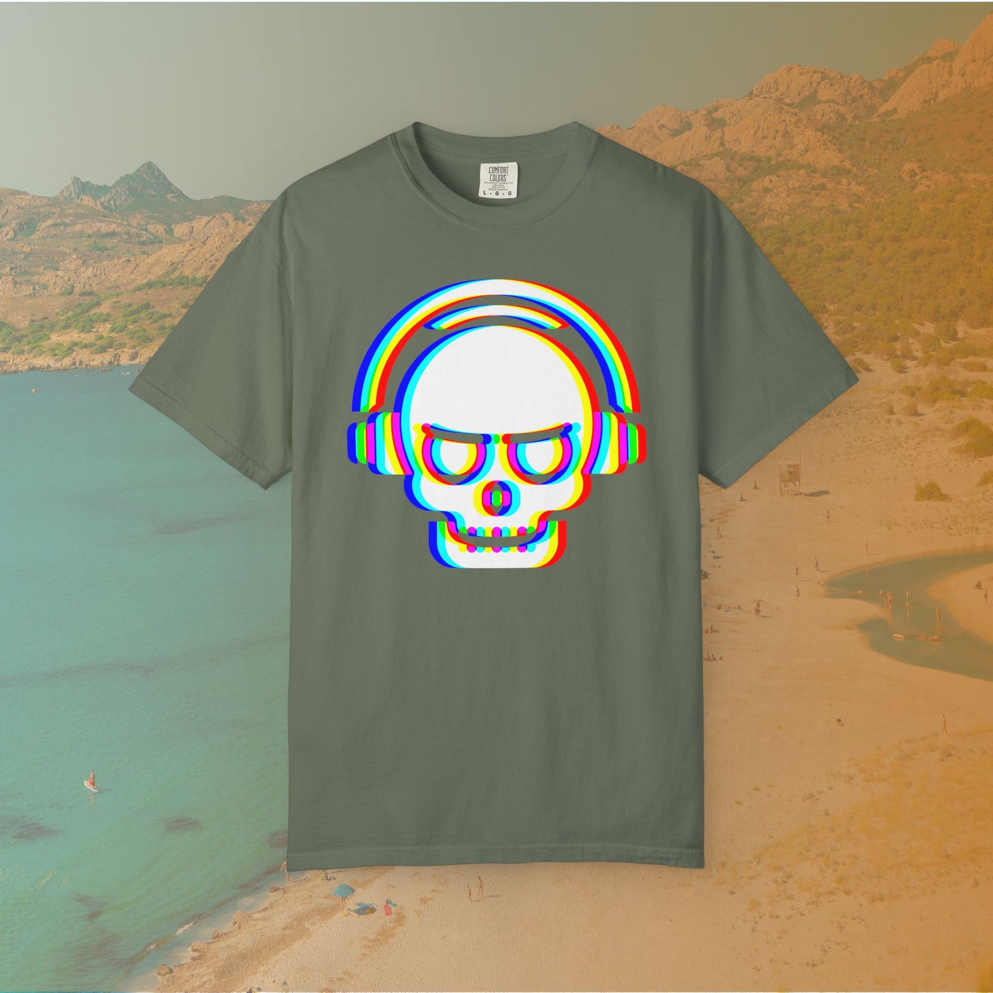 green t-shirt with White EDM DJ skull graphic wearing headphones, rendered with an intense red, blue, and yellow (RGB) chromatic aberration or glitch effect 
