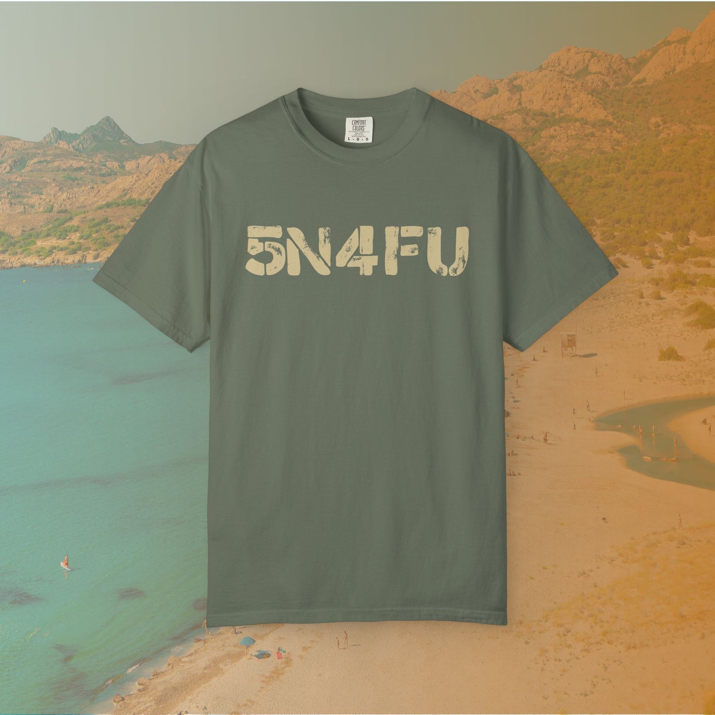 green t-shirt Graphic T-shirt featuring large, distressed stencil text reading the l33t-speak version of SNAFU: "5N4FU" on a dark background.