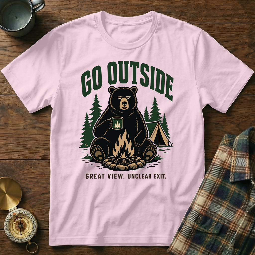 Pink t-shirt with bear graphic and text "Go Outside. Great View. Unclear Exit."