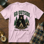 Pink t-shirt with bear graphic and text "Go Outside. Great View. Unclear Exit."