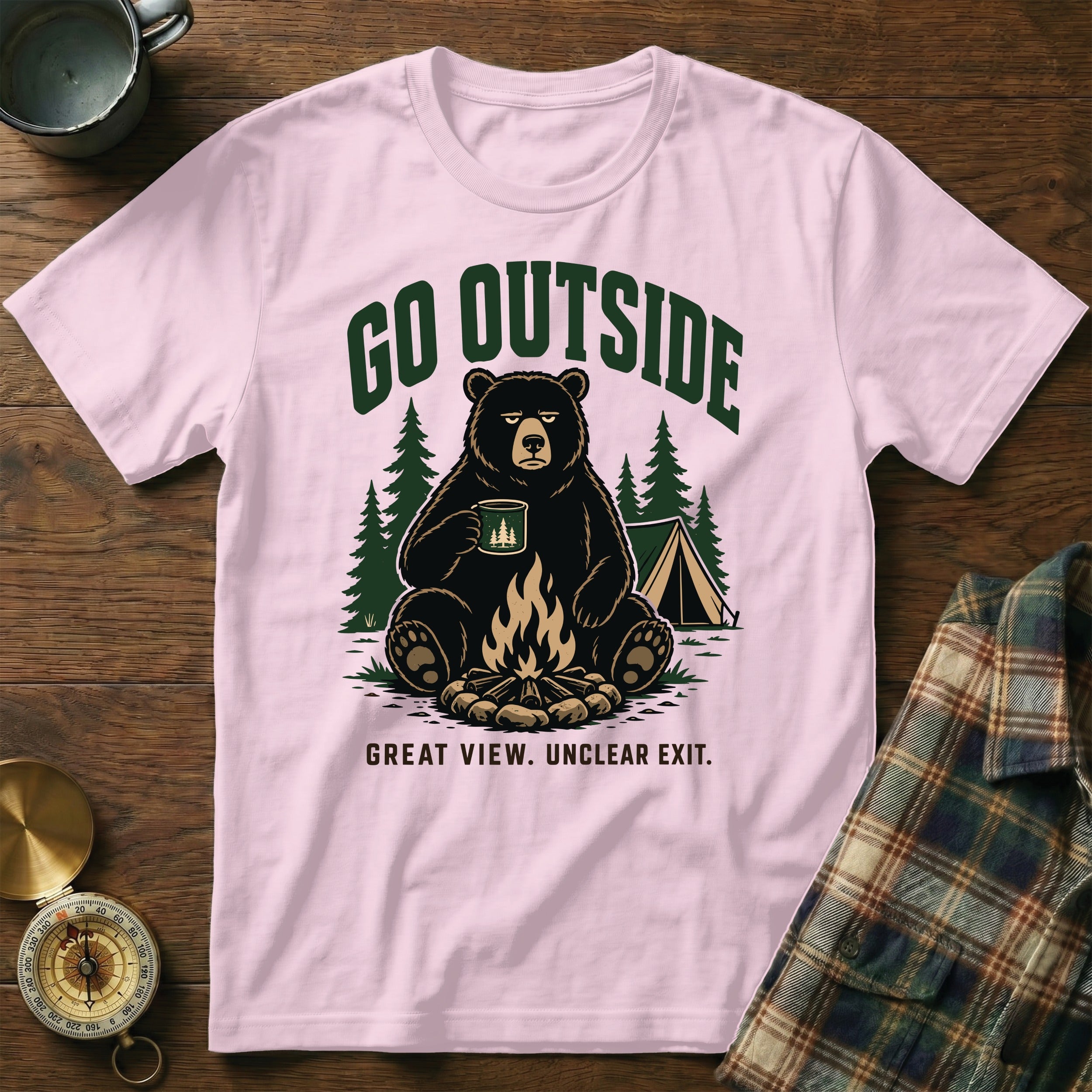 Pink t-shirt with bear graphic and text "Go Outside. Great View. Unclear Exit."