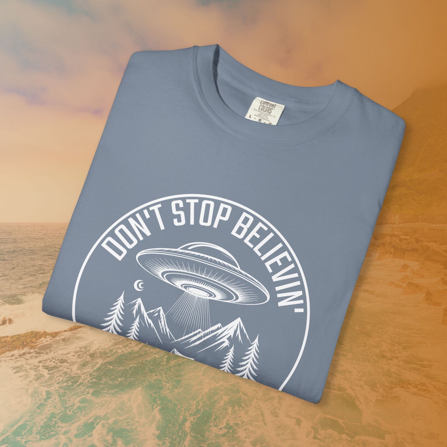 DON'T STOP BELIEVIN' UFO Camping T-Shirt | Classic Rock Slogan Alien Graphic Tee | Outdoors Music Lover Gift