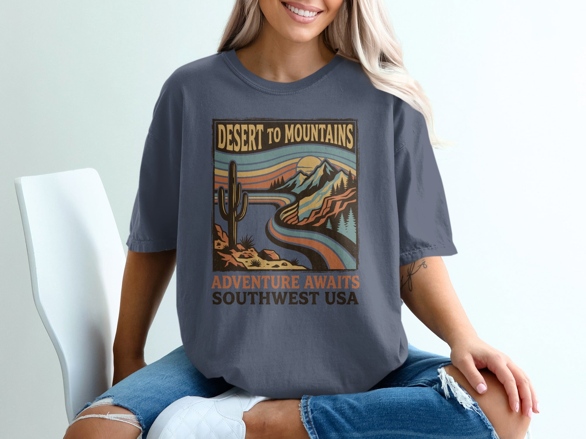 T-shirt graphic: desert to mountains with mountains and cactus in southwest USA.