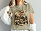 T-shirt graphic: Majestic but exhausted deer blowing a horn in mountains.