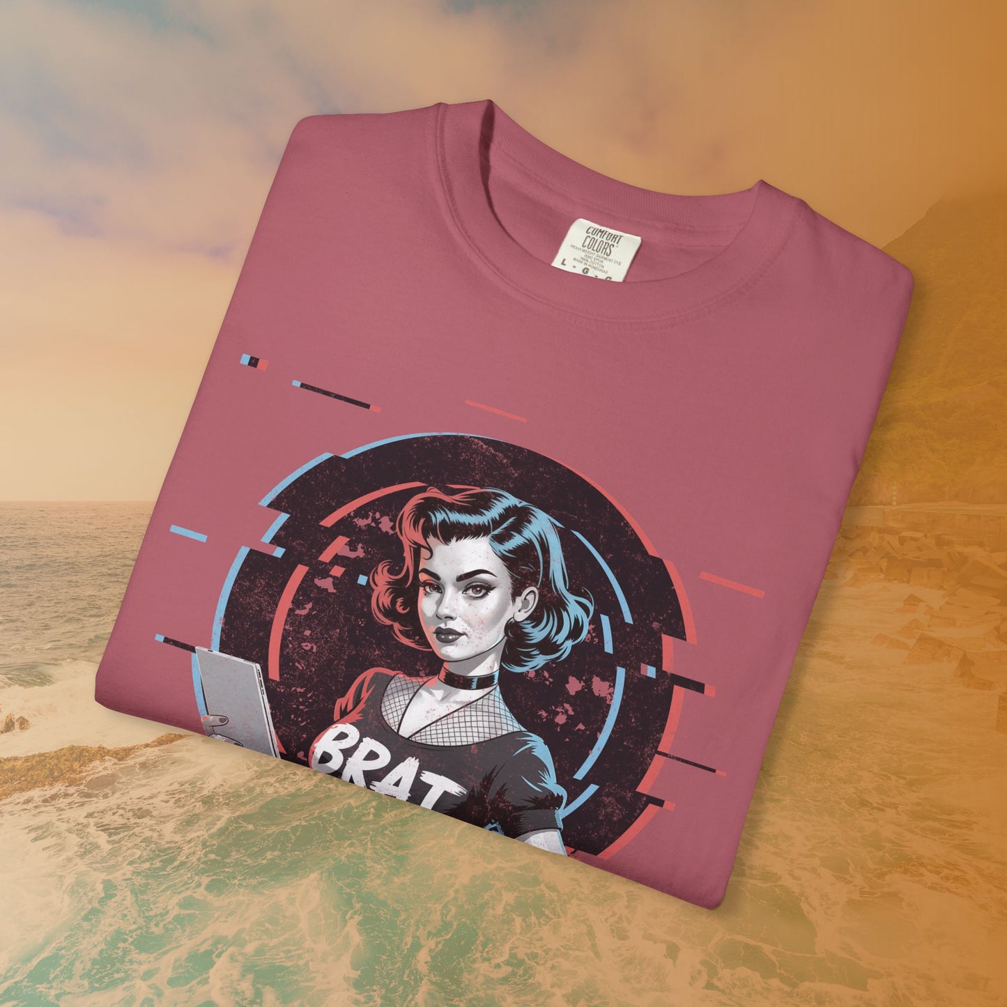 Cyberpunk BRAT Glitch Art Pinup Girl T-Shirt | Retro Pin Up Sassy Slogan Dark Goth