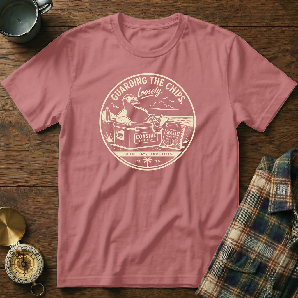 Dusty rose t-shirt with seagull design "Guarding the Chips".