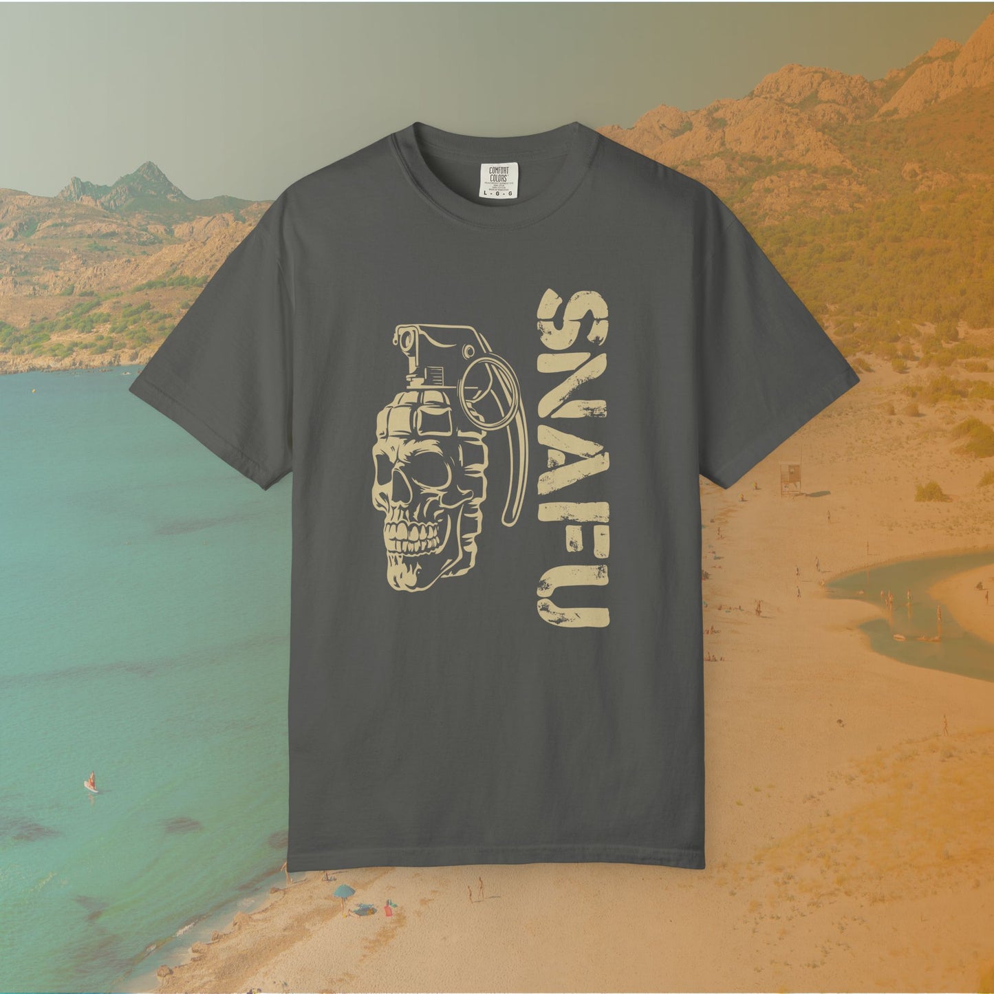 grey Graphic T-shirt featuring a stylized image of a skull merged with a hand grenade, positioned next to the large, distressed text "SNAFU."