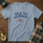 Light blue t-shirt with "SEA TO SUMMIT" text and mountain wave graphic.
