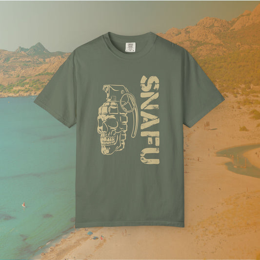 green Graphic T-shirt featuring a stylized image of a skull merged with a hand grenade, positioned next to the large, distressed text "SNAFU."