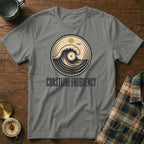 Gray t-shirt with circular wave and vinyl record graphic and text COASTLINE FREQUENCY.