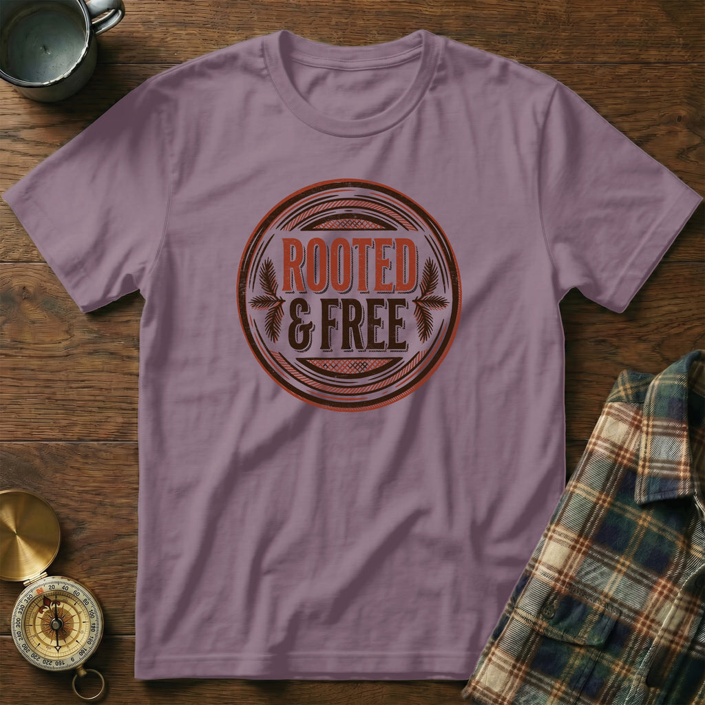 Purple t-shirt with "ROOTED & FREE" graphic in a circular emblem.