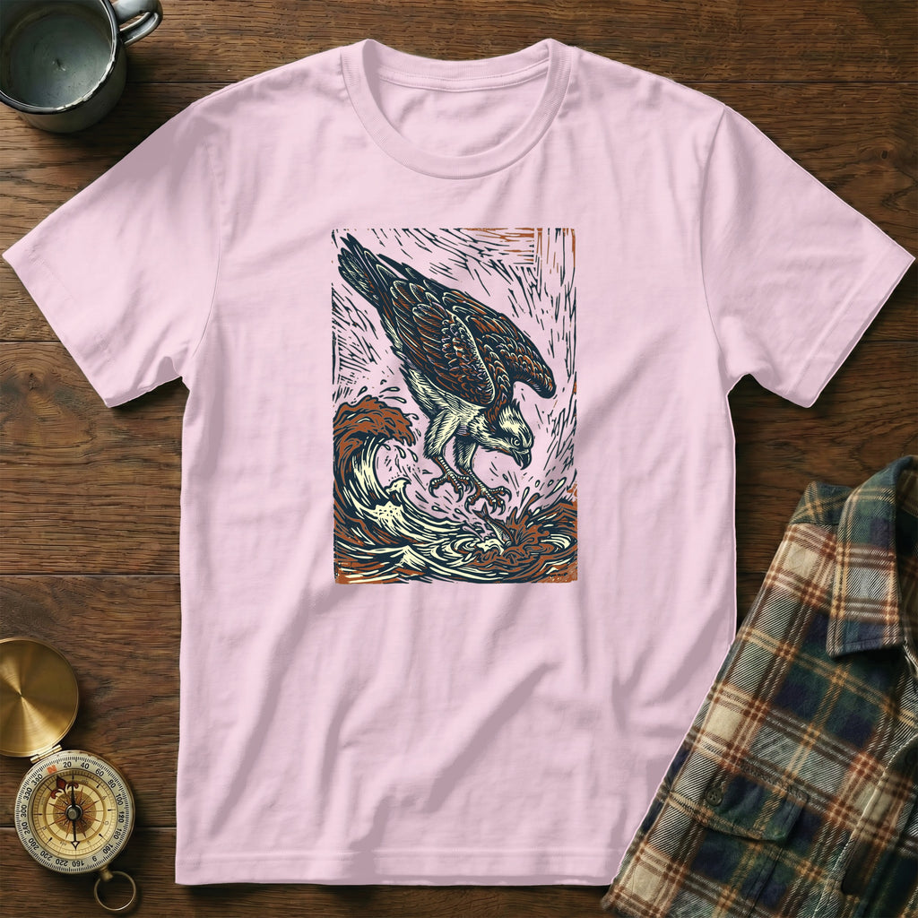 Pink t-shirt with graphic of an osprey diving into waves.