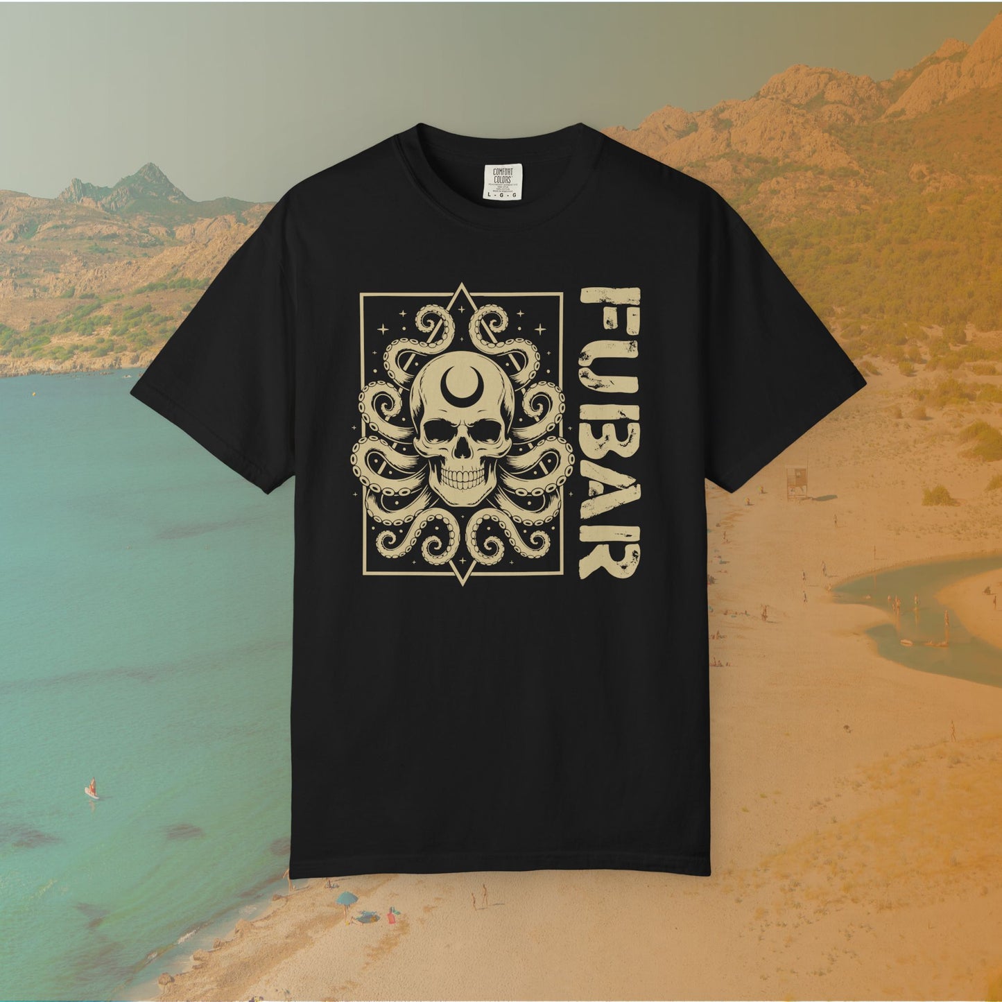 black Graphic T-shirt featuring a detailed skull with a crescent moon on its forehead and octopus tentacles emerging from it, next to the large, distressed text "FUBAR."