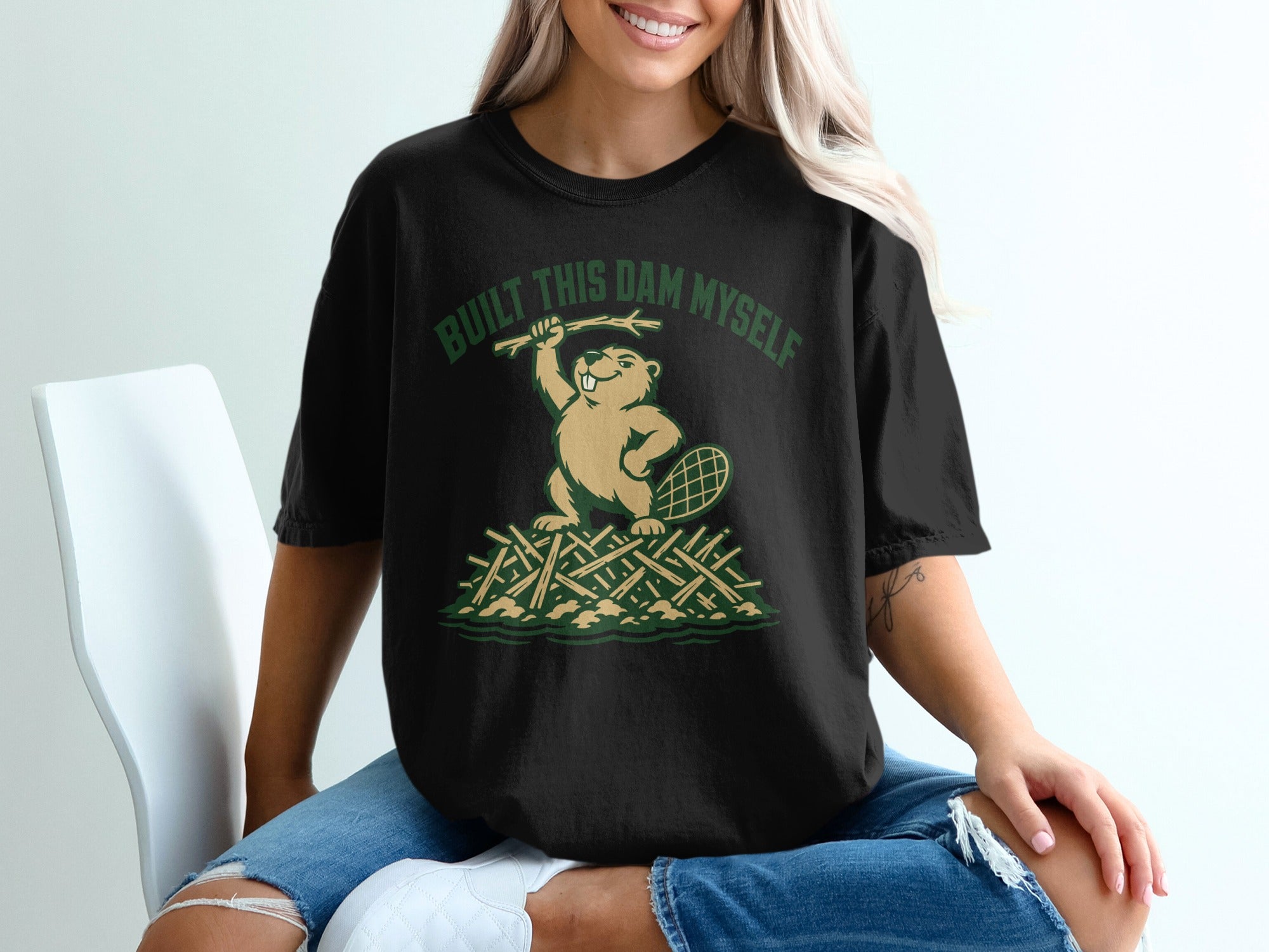 Black t-shirt with beaver graphic and text "Built This Dam Myself"