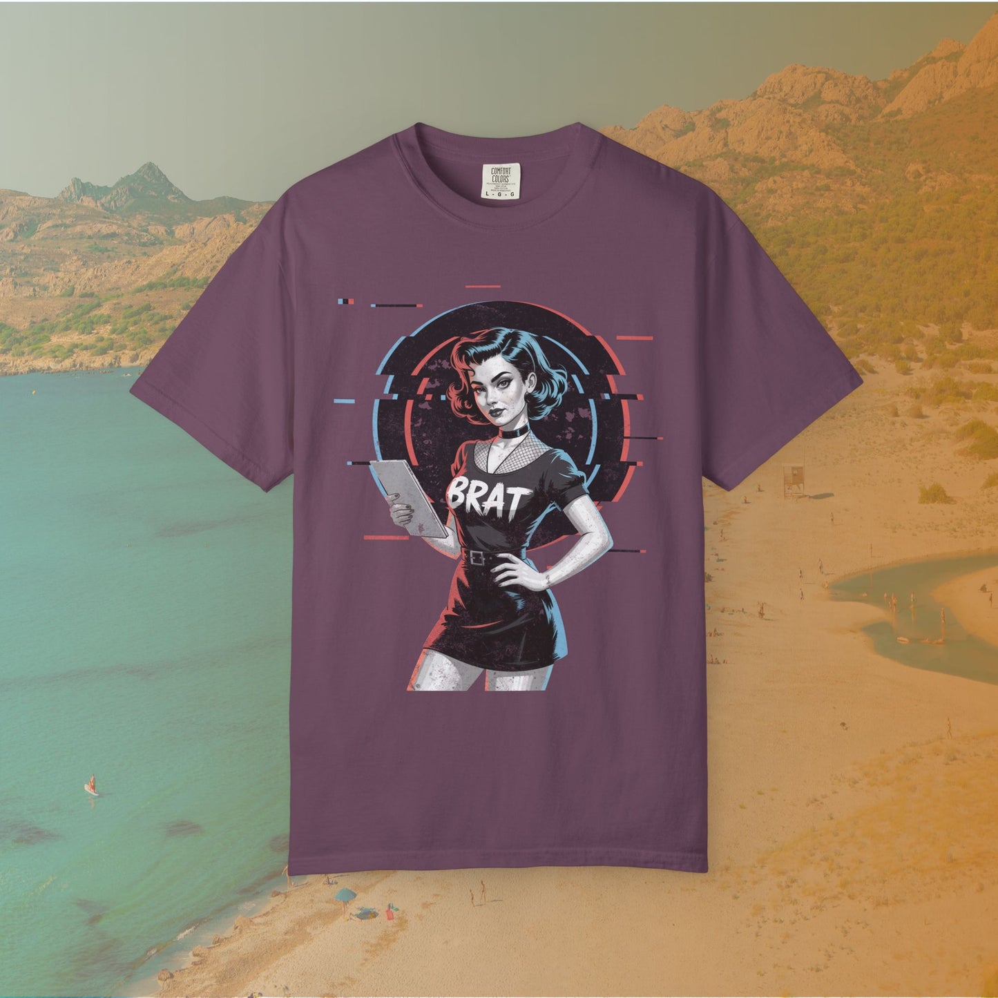 Cyberpunk BRAT Glitch Art Pinup Girl T-Shirt | Retro Pin Up Sassy Slogan Dark Goth