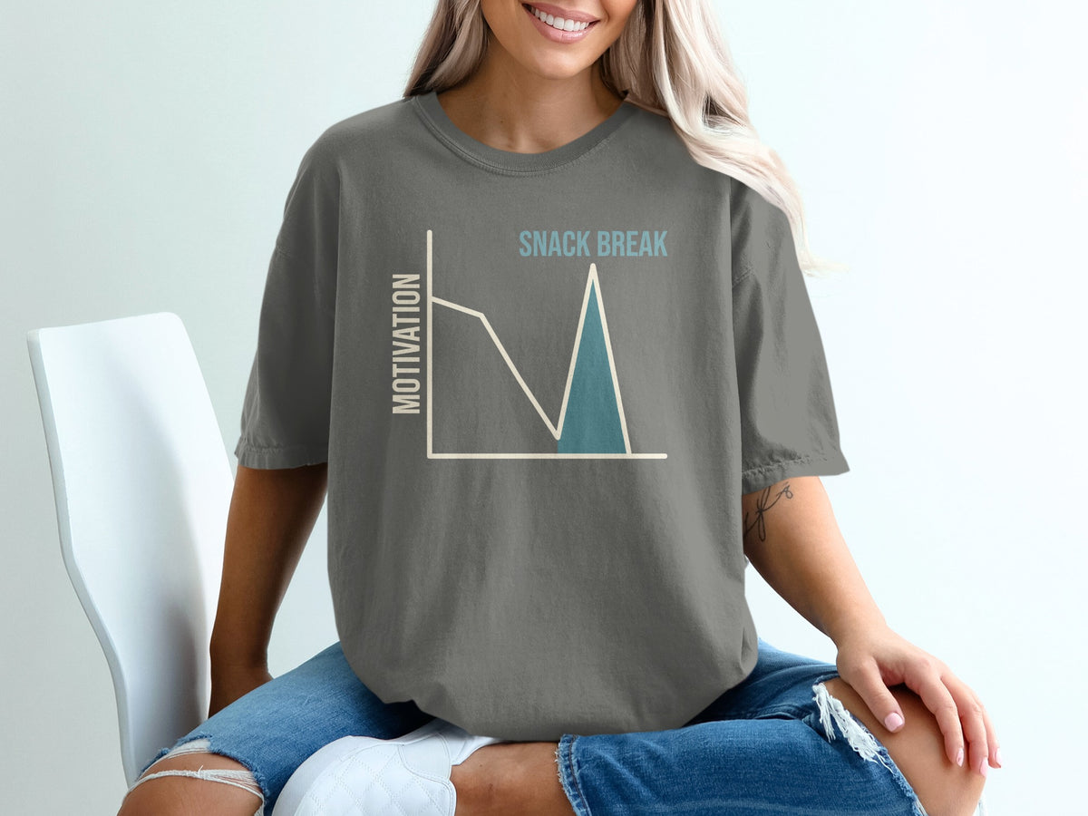 T-shirt graphic shows a motivation graph with a snack break peak.