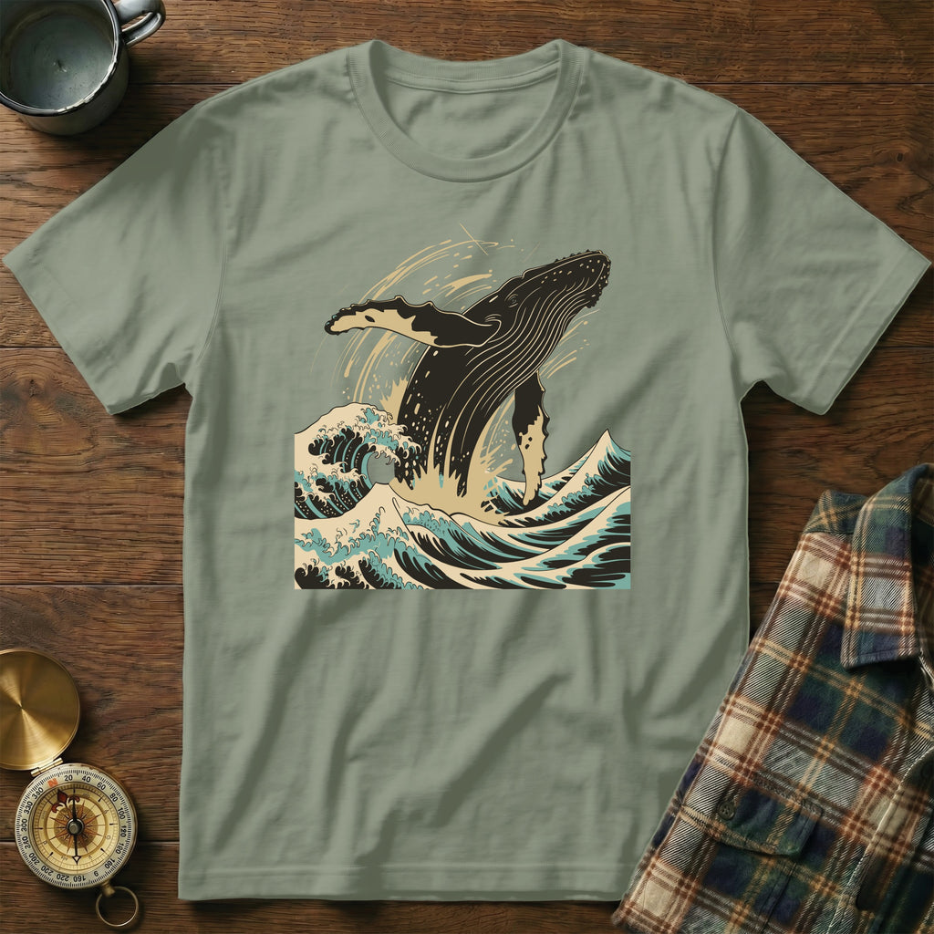 Humpback whale breaching in stylized waves.