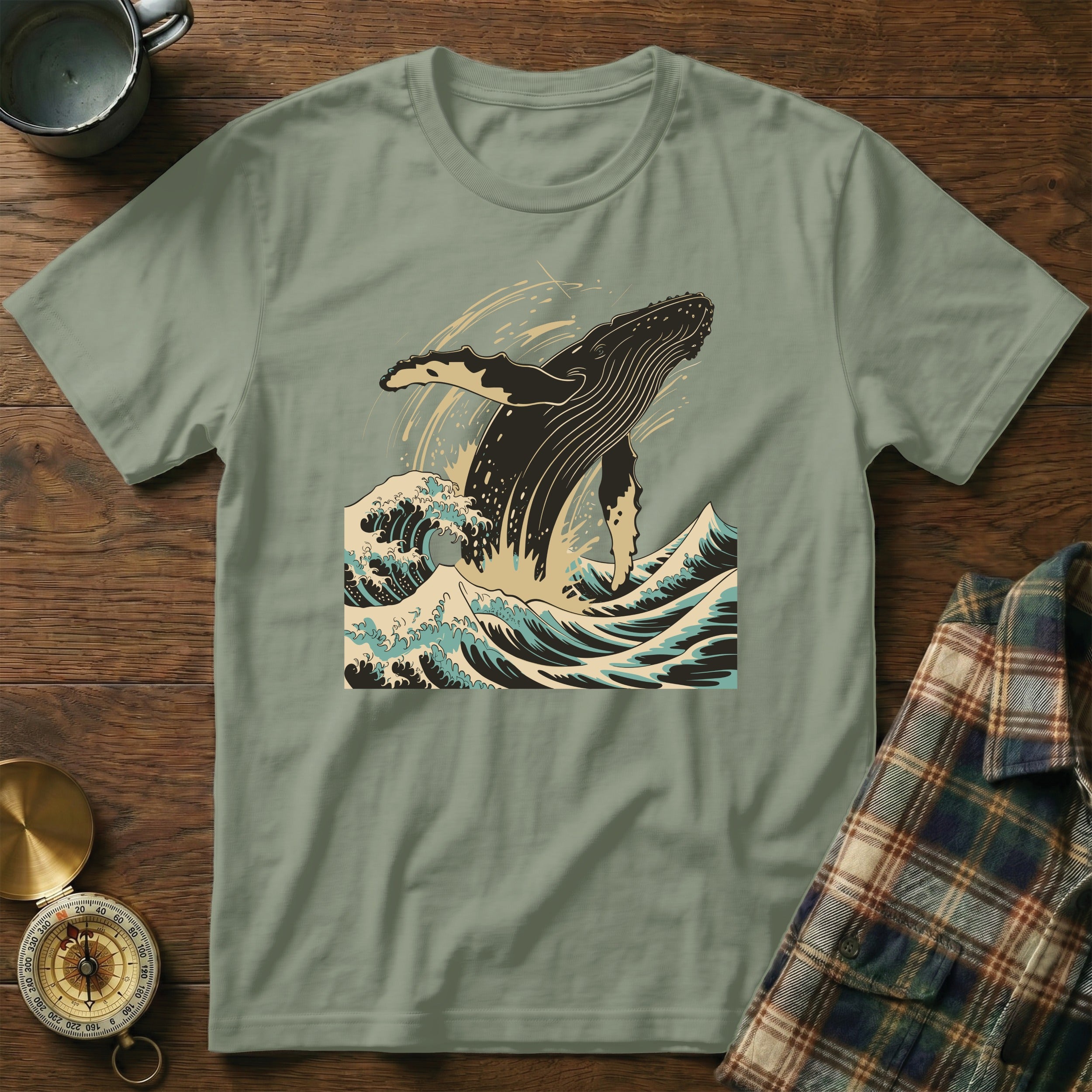 Humpback whale breaching in stylized waves.