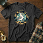 Black t-shirt with "Professional Fry Thief" text and a seagull graphic on a beach.