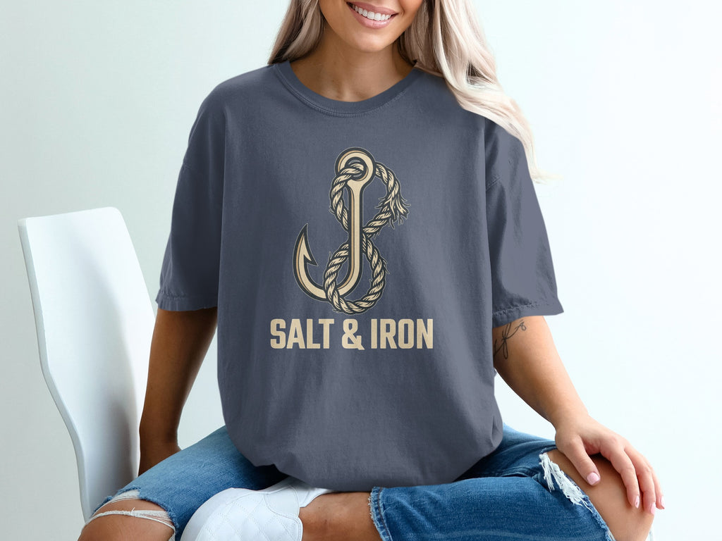 Dark grey t-shirt with anchor and rope design and "SALT & IRON" text.