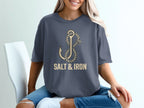 Dark grey t-shirt with anchor and rope design and "SALT & IRON" text.
