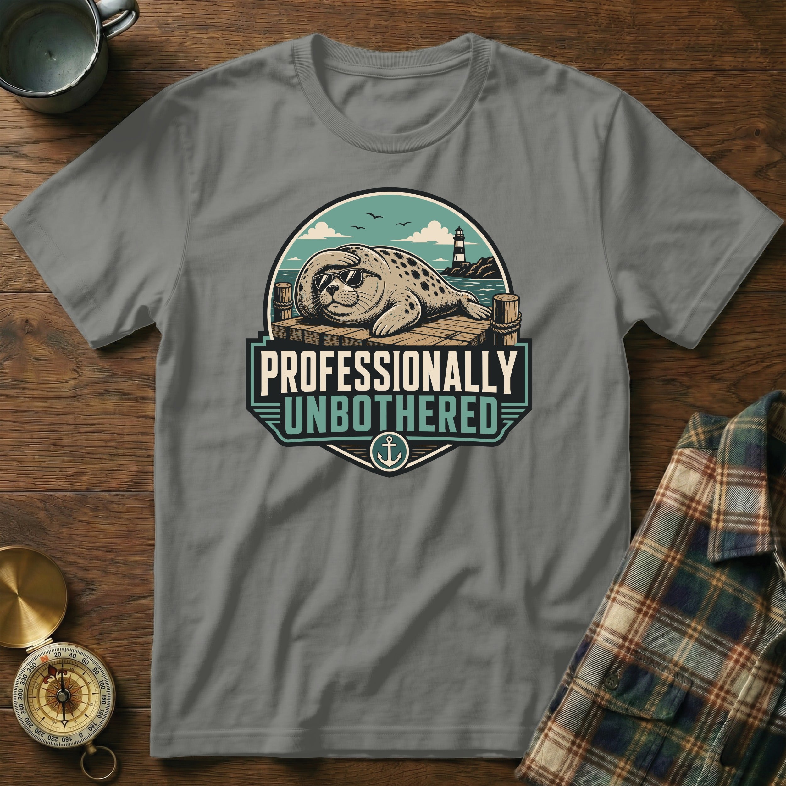 Seal wearing sunglasses on a dock with text "Professionally Unbothered"