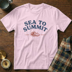 Pink t-shirt with "SEA TO SUMMIT" text, wave, and mountain graphic.