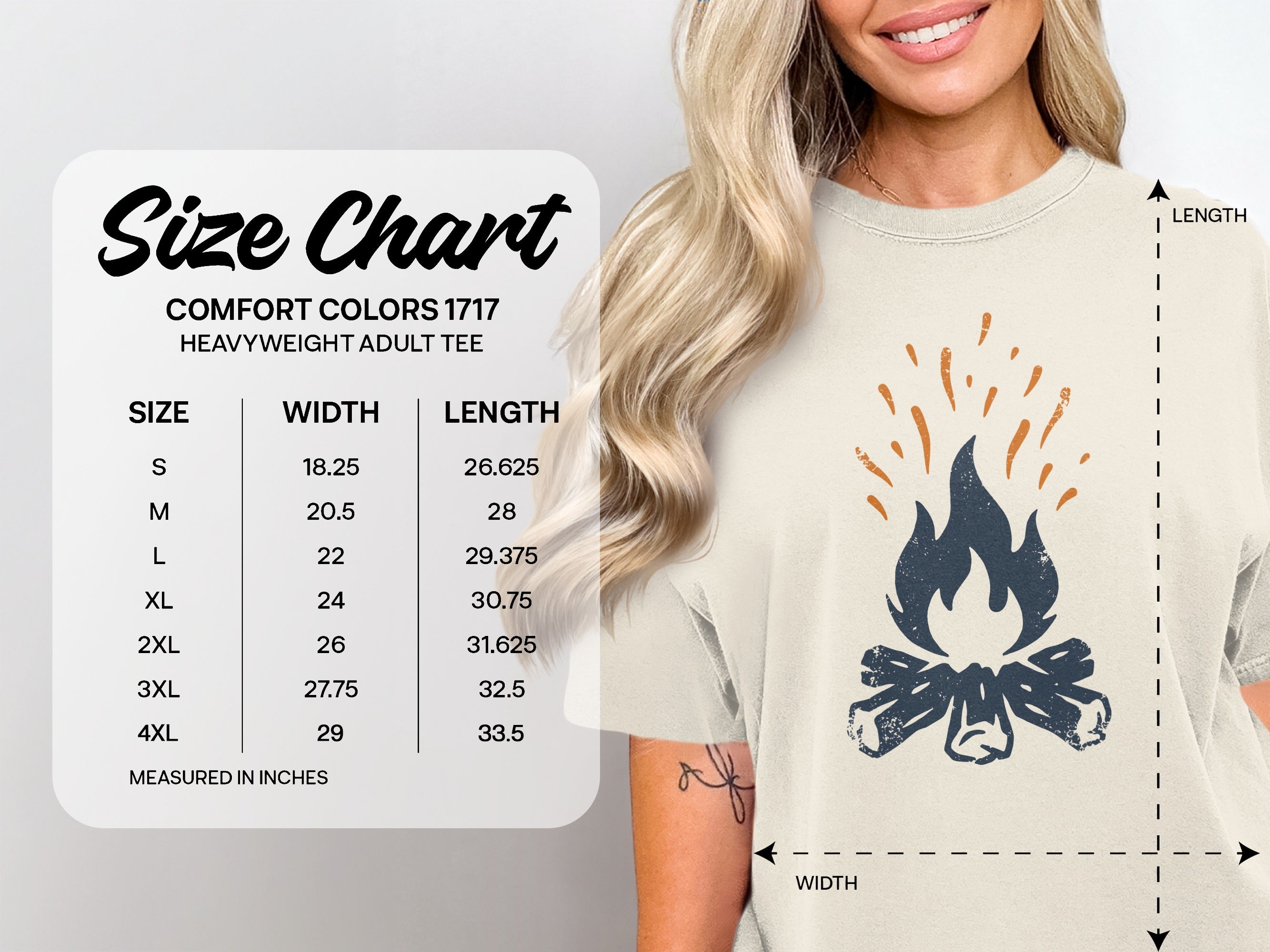 Comfort Colors 1717 heavyweight adult tee size chart with measurements.