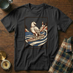 Black t-shirt with a graphic of an eagle surfing with a lighthouse in the background.