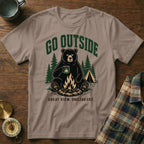 T-shirt with a bear holding a mug by a campfire, saying "GO OUTSIDE GREAT VIEW. UNCLEAR EXIT."