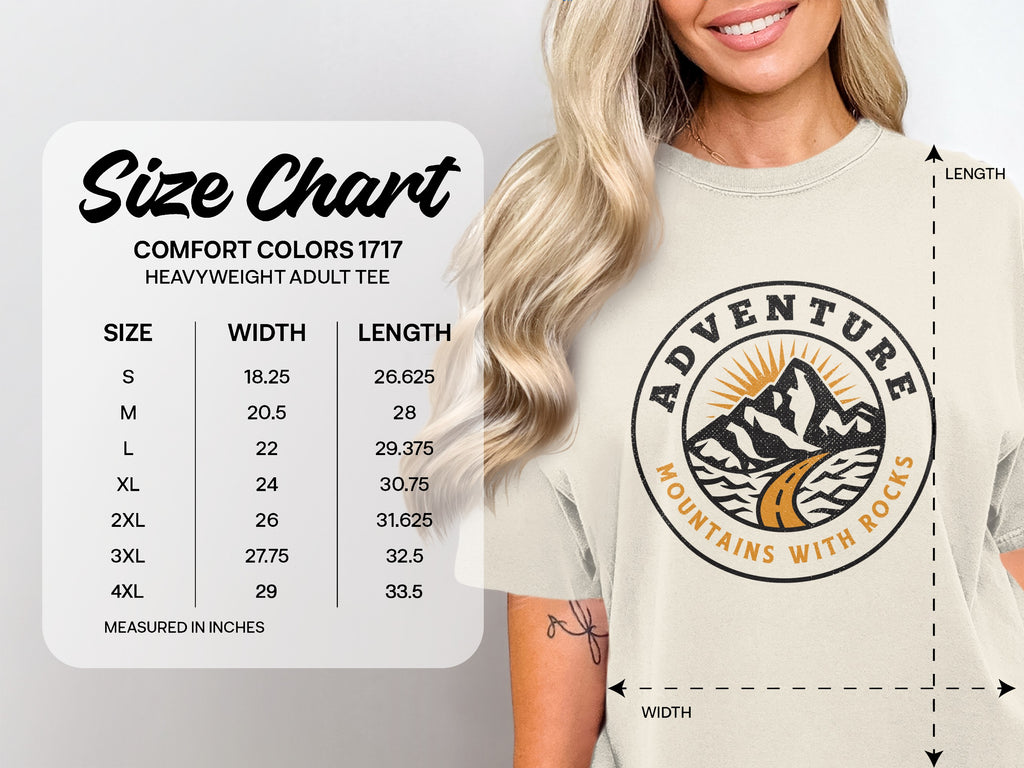 Size chart for Comfort Colors heavyweight adult tee, with measurements for width and length.