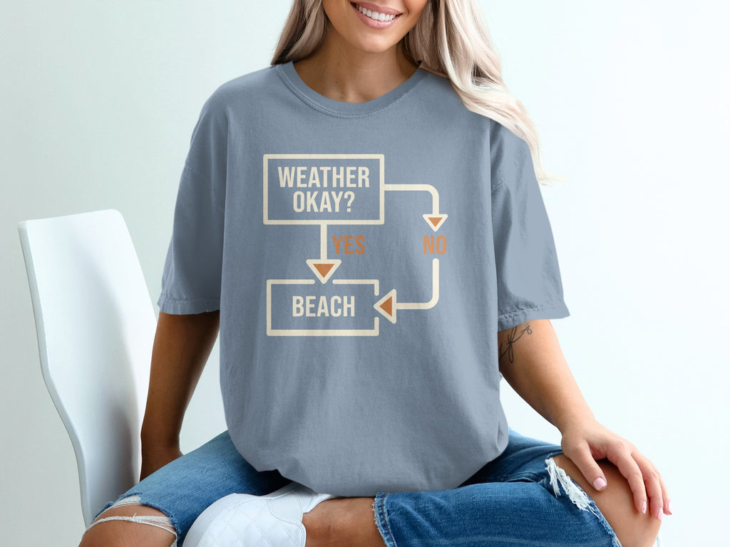 T-shirt with a flowchart graphic that says "WEATHER OKAY?" leading to "BEACH".
